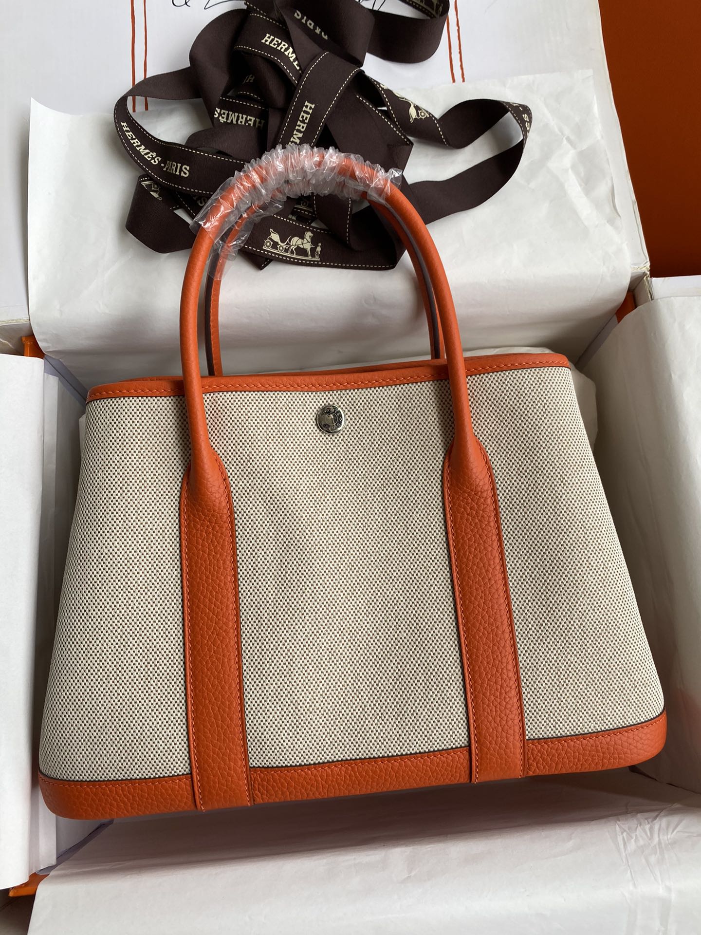 Hermes Garden Party 30cm Canvas Tote Handbag In Feu Orange Clemence Leather